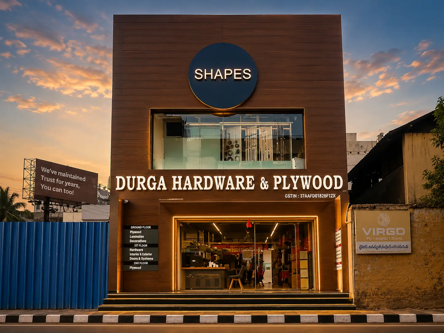 Durga Hardware and Plywood storefront on M.G. Road, Vijayawada